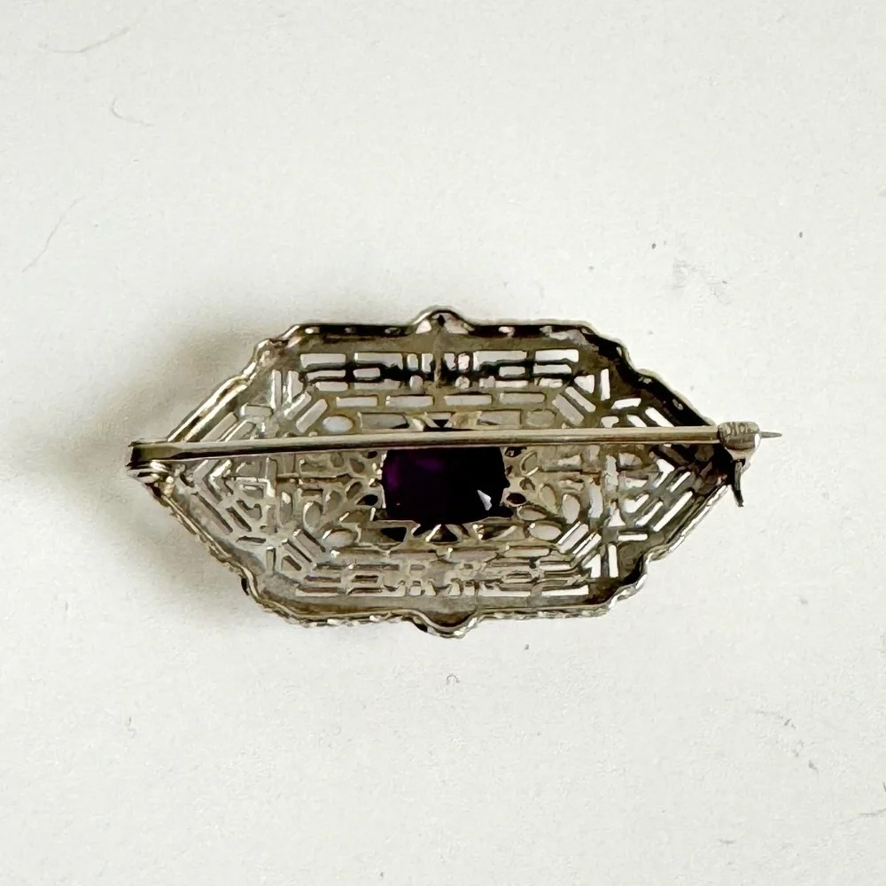 Art Deco 10K White Gold Brooch Filigree Amethyst Pin Ornate Victorian Vintage‎